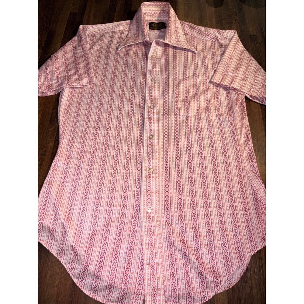Vintage Sears‎ Perma-Prest Mens Knit Dress Shirt Red Pink Geometric Stripe 70s L